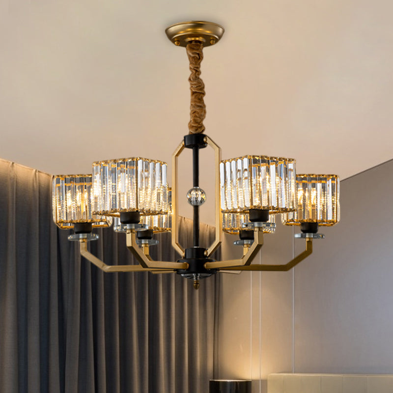 Crystal Prisms Cube Ceiling Chandelier Minimalist 3/6/8-Bulb Hanging Pendant Light with Curved Arm in Brass 6 Brass Clearhalo 'Ceiling Lights' 'Chandeliers' 'Close To Ceiling Lights' 'Glass shade' 'Glass' 'Modern Chandeliers' 'Modern' 'Pendant Lights' Lighting' 1650683