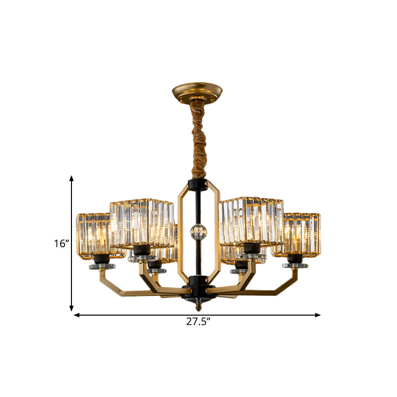 Crystal Prisms Cube Ceiling Chandelier Minimalist 3/6/8-Bulb Hanging Pendant Light with Curved Arm in Brass Clearhalo 'Ceiling Lights' 'Chandeliers' 'Close To Ceiling Lights' 'Glass shade' 'Glass' 'Modern Chandeliers' 'Modern' 'Pendant Lights' Lighting' 1650687