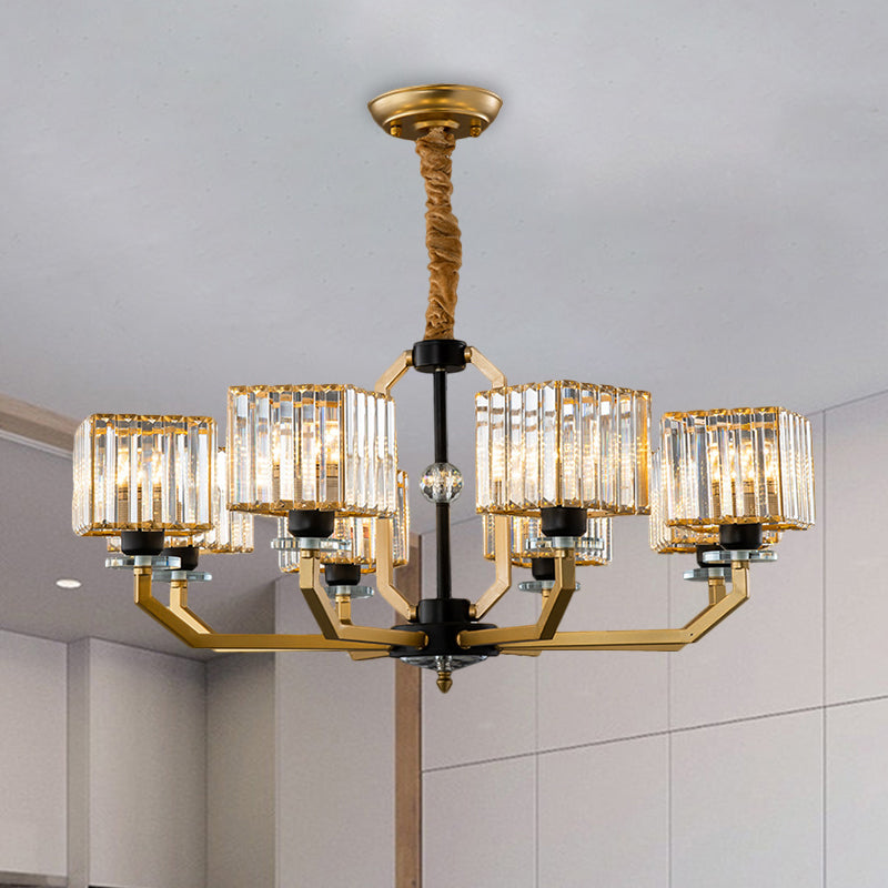 Crystal Prisms Cube Ceiling Chandelier Minimalist 3/6/8-Bulb Hanging Pendant Light with Curved Arm in Brass Clearhalo 'Ceiling Lights' 'Chandeliers' 'Close To Ceiling Lights' 'Glass shade' 'Glass' 'Modern Chandeliers' 'Modern' 'Pendant Lights' Lighting' 1650690