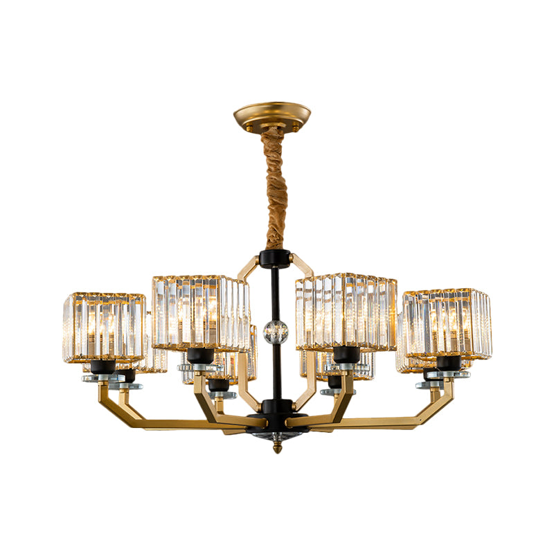 Crystal Prisms Cube Ceiling Chandelier Minimalist 3/6/8-Bulb Hanging Pendant Light with Curved Arm in Brass Clearhalo 'Ceiling Lights' 'Chandeliers' 'Close To Ceiling Lights' 'Glass shade' 'Glass' 'Modern Chandeliers' 'Modern' 'Pendant Lights' Lighting' 1650691