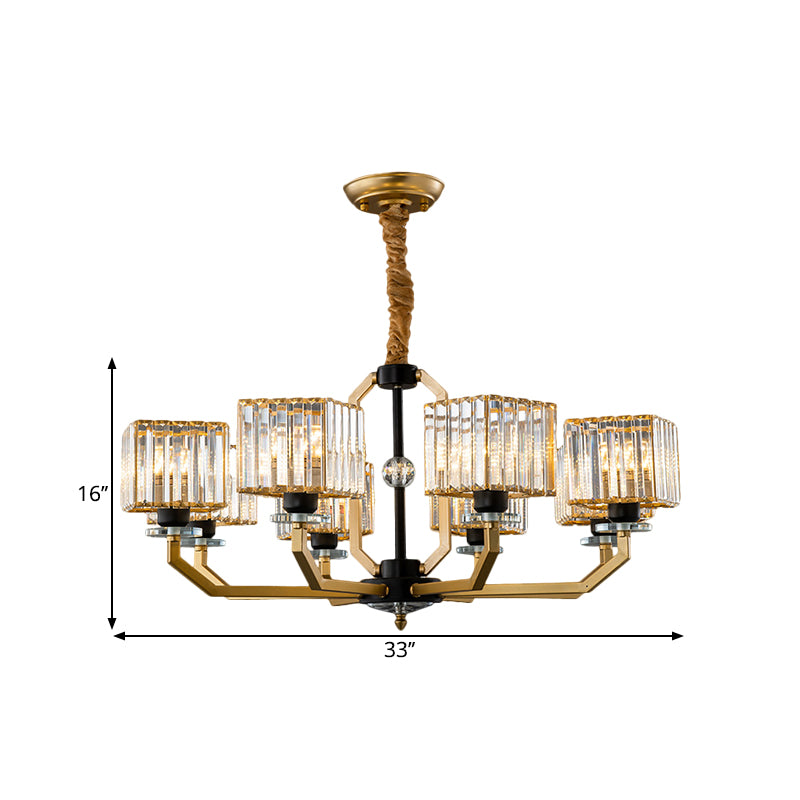 Crystal Prisms Cube Ceiling Chandelier Minimalist 3/6/8-Bulb Hanging Pendant Light with Curved Arm in Brass Clearhalo 'Ceiling Lights' 'Chandeliers' 'Close To Ceiling Lights' 'Glass shade' 'Glass' 'Modern Chandeliers' 'Modern' 'Pendant Lights' Lighting' 1650692