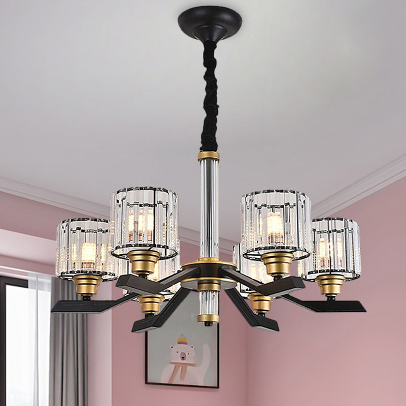 Cylinder Pendant Chandelier Simple Style Clear Crystal 6/8 Bulbs Living Room Ceiling Hang Fixture in Black 6 Black Clearhalo 'Ceiling Lights' 'Chandeliers' 'Modern Chandeliers' 'Modern' Lighting' 1650693