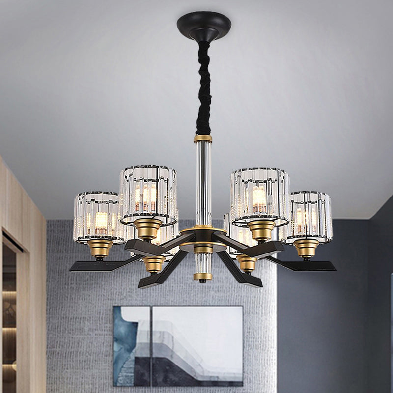 Cylinder Pendant Chandelier Simple Style Clear Crystal 6/8 Bulbs Living Room Ceiling Hang Fixture in Black Clearhalo 'Ceiling Lights' 'Chandeliers' 'Modern Chandeliers' 'Modern' Lighting' 1650694