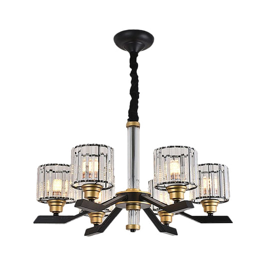 Cylinder Pendant Chandelier Simple Style Clear Crystal 6/8 Bulbs Living Room Ceiling Hang Fixture in Black Clearhalo 'Ceiling Lights' 'Chandeliers' 'Modern Chandeliers' 'Modern' Lighting' 1650695