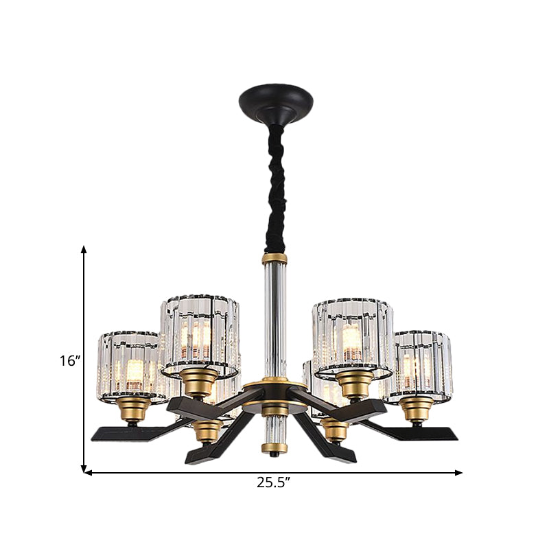 Cylinder Pendant Chandelier Simple Style Clear Crystal 6/8 Bulbs Living Room Ceiling Hang Fixture in Black Clearhalo 'Ceiling Lights' 'Chandeliers' 'Modern Chandeliers' 'Modern' Lighting' 1650696