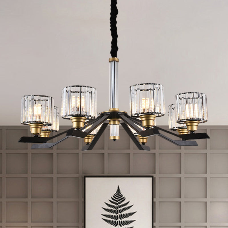 Cylinder Pendant Chandelier Simple Style Clear Crystal 6/8 Bulbs Living Room Ceiling Hang Fixture in Black 8 Black Clearhalo 'Ceiling Lights' 'Chandeliers' 'Modern Chandeliers' 'Modern' Lighting' 1650697