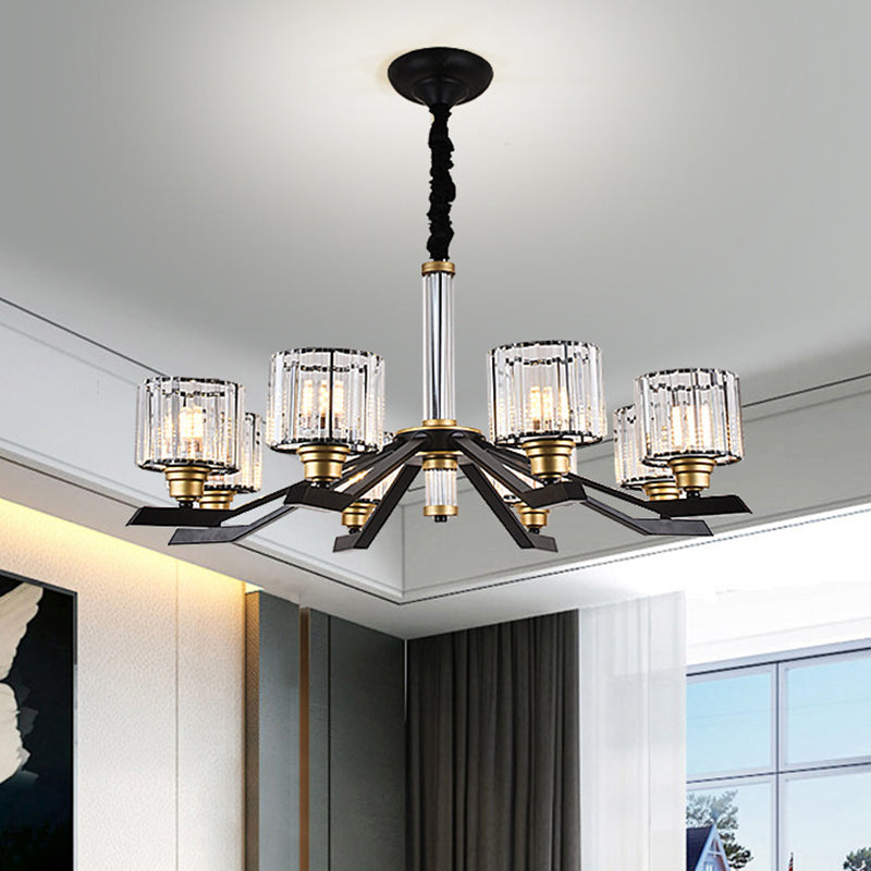 Cylinder Pendant Chandelier Simple Style Clear Crystal 6/8 Bulbs Living Room Ceiling Hang Fixture in Black Clearhalo 'Ceiling Lights' 'Chandeliers' 'Modern Chandeliers' 'Modern' Lighting' 1650698