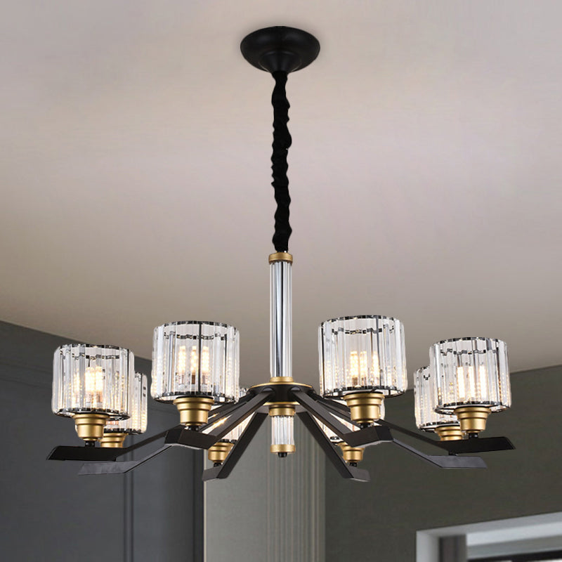 Cylinder Pendant Chandelier Simple Style Clear Crystal 6/8 Bulbs Living Room Ceiling Hang Fixture in Black Clearhalo 'Ceiling Lights' 'Chandeliers' 'Modern Chandeliers' 'Modern' Lighting' 1650699