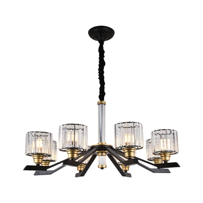 Cylinder Pendant Chandelier Simple Style Clear Crystal 6/8 Bulbs Living Room Ceiling Hang Fixture in Black Clearhalo 'Ceiling Lights' 'Chandeliers' 'Modern Chandeliers' 'Modern' Lighting' 1650700