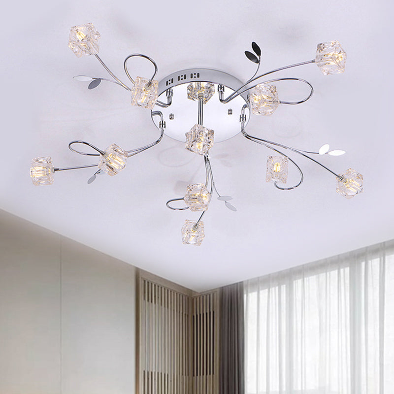 Chrome Cube Semi Flush Mount Modern 11/20-Light Hand-Cut Crystal Ceiling Lamp with Metal Leaf Deco 11 Chrome Clearhalo 'Ceiling Lights' 'Close To Ceiling Lights' 'Close to ceiling' 'Semi-flushmount' Lighting' 1650820