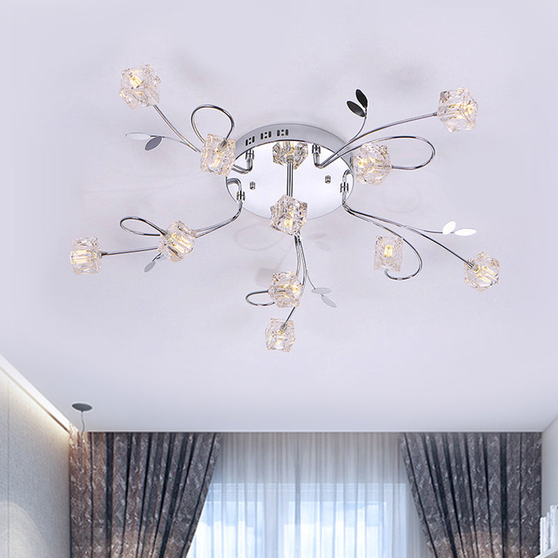 Chrome Cube Semi Flush Mount Modern 11/20-Light Hand-Cut Crystal Ceiling Lamp with Metal Leaf Deco Clearhalo 'Ceiling Lights' 'Close To Ceiling Lights' 'Close to ceiling' 'Semi-flushmount' Lighting' 1650821