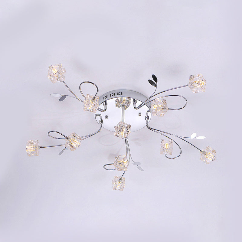 Chrome Cube Semi Flush Mount Modern 11/20-Light Hand-Cut Crystal Ceiling Lamp with Metal Leaf Deco Clearhalo 'Ceiling Lights' 'Close To Ceiling Lights' 'Close to ceiling' 'Semi-flushmount' Lighting' 1650822