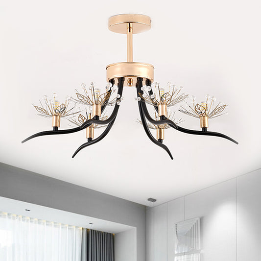 Chinese Redbud Ceiling Mounted Light Modern Style Faceted Crystal 6-Bulb Black Semi Flush Chandelier Clearhalo 'Ceiling Lights' 'Close To Ceiling Lights' 'Close to ceiling' 'Semi-flushmount' Lighting' 1650830