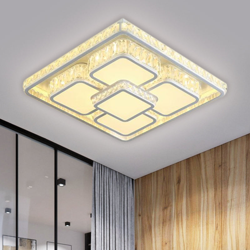 Contemporary LED Flush Mount Lamp White Square Ceiling Flush with Beveled Crystal Shade in Warm/White Light White Clearhalo 'Ceiling Lights' 'Close To Ceiling Lights' 'Close to ceiling' 'Flush mount' Lighting' 1650837