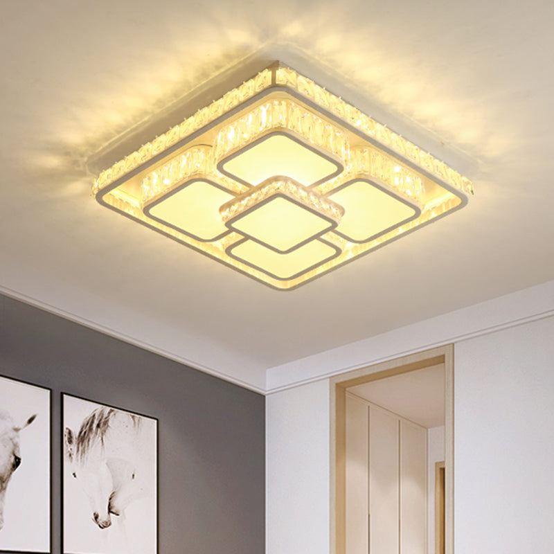 Contemporary LED Flush Mount Lamp White Square Ceiling Flush with Beveled Crystal Shade in Warm/White Light Clearhalo 'Ceiling Lights' 'Close To Ceiling Lights' 'Close to ceiling' 'Flush mount' Lighting' 1650838