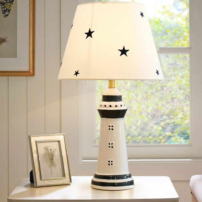 Conical Fabric Table Lamp Nordic 1 Bulb White Reading Book Light with Lighthouse Resin Base White Clearhalo 'Lamps' 'Table Lamps' Lighting' 1650888