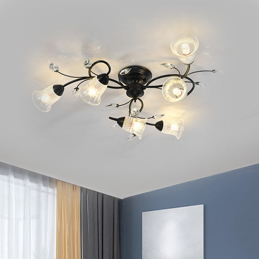 Clear Crystal Flared Ceiling Flush Minimalist 6-Head Black/Gold Semi Flush Mount Light with Curved Arm Clearhalo 'Ceiling Lights' 'Close To Ceiling Lights' 'Close to ceiling' 'Semi-flushmount' Lighting' 1651035