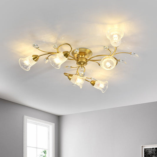 Clear Crystal Flared Ceiling Flush Minimalist 6-Head Black/Gold Semi Flush Mount Light with Curved Arm Clearhalo 'Ceiling Lights' 'Close To Ceiling Lights' 'Close to ceiling' 'Semi-flushmount' Lighting' 1651039