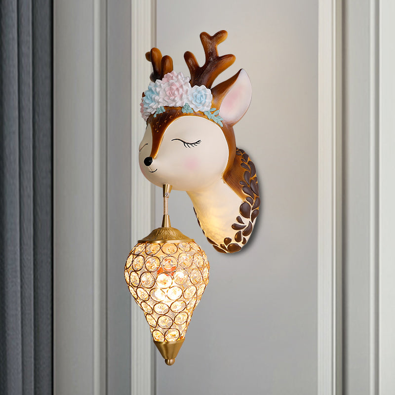 Metallic Globe/Teardrop Wall Light Fixture Cartoon 1 Bulb Pink Wall Lighting with Elephant/Deer/Rabbit Backplate Clearhalo 'Wall Lamps & Sconces' 'Wall Lights' Lighting' 1651066