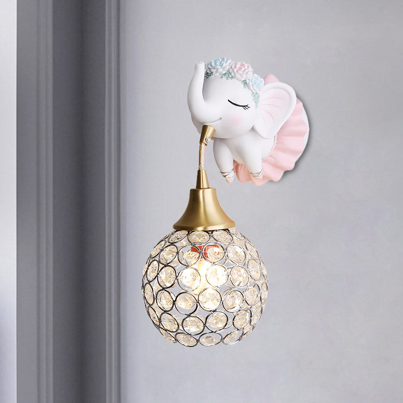 Metallic Globe/Teardrop Wall Light Fixture Cartoon 1 Bulb Pink Wall Lighting with Elephant/Deer/Rabbit Backplate Pink Elephant Clearhalo 'Wall Lamps & Sconces' 'Wall Lights' Lighting' 1651070