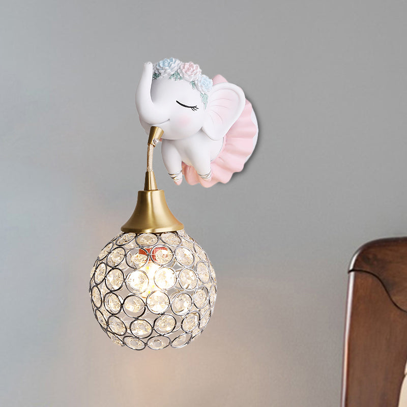 Metallic Globe/Teardrop Wall Light Fixture Cartoon 1 Bulb Pink Wall Lighting with Elephant/Deer/Rabbit Backplate Clearhalo 'Wall Lamps & Sconces' 'Wall Lights' Lighting' 1651071