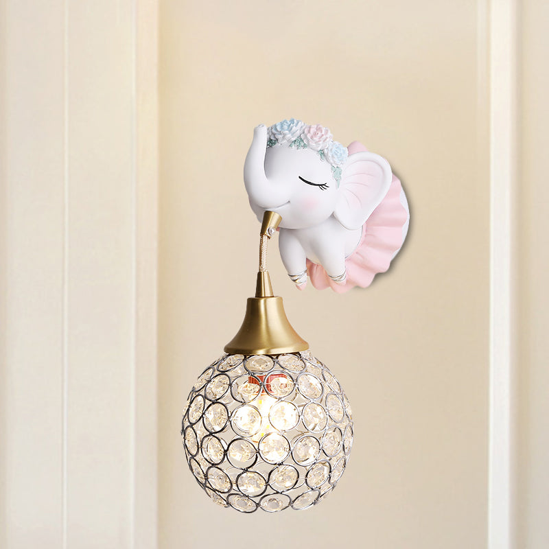 Metallic Globe/Teardrop Wall Light Fixture Cartoon 1 Bulb Pink Wall Lighting with Elephant/Deer/Rabbit Backplate Clearhalo 'Wall Lamps & Sconces' 'Wall Lights' Lighting' 1651072