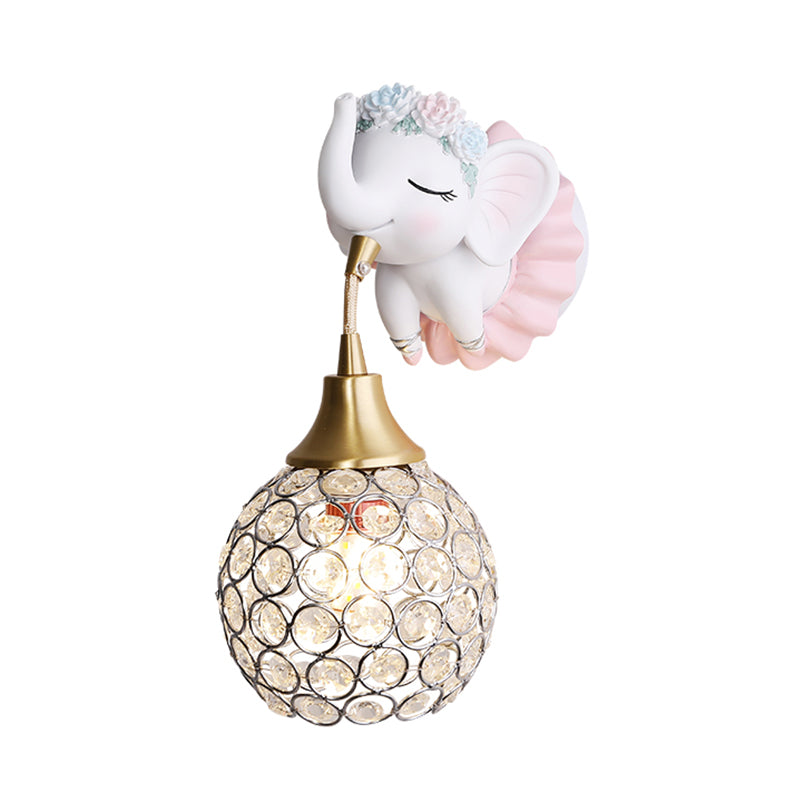 Metallic Globe/Teardrop Wall Light Fixture Cartoon 1 Bulb Pink Wall Lighting with Elephant/Deer/Rabbit Backplate Clearhalo 'Wall Lamps & Sconces' 'Wall Lights' Lighting' 1651073