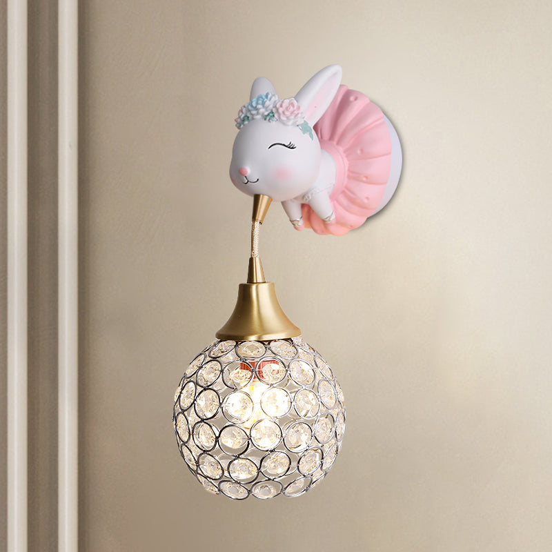 Metallic Globe/Teardrop Wall Light Fixture Cartoon 1 Bulb Pink Wall Lighting with Elephant/Deer/Rabbit Backplate Clearhalo 'Wall Lamps & Sconces' 'Wall Lights' Lighting' 1651075