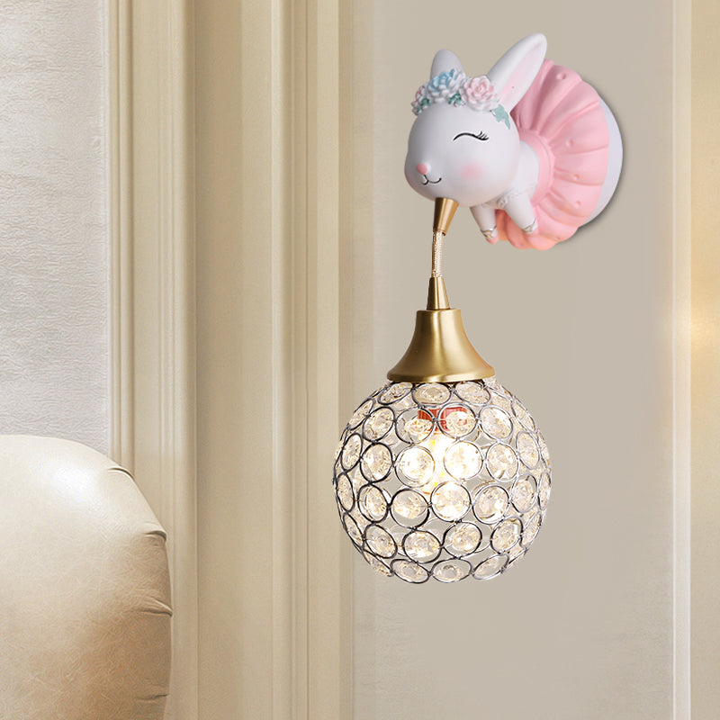 Metallic Globe/Teardrop Wall Light Fixture Cartoon 1 Bulb Pink Wall Lighting with Elephant/Deer/Rabbit Backplate Clearhalo 'Wall Lamps & Sconces' 'Wall Lights' Lighting' 1651077