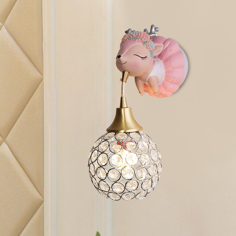 Metallic Globe/Teardrop Wall Light Fixture Cartoon 1 Bulb Pink Wall Lighting with Elephant/Deer/Rabbit Backplate Pink Deer Clearhalo 'Wall Lamps & Sconces' 'Wall Lights' Lighting' 1651080