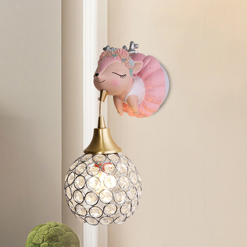 Metallic Globe/Teardrop Wall Light Fixture Cartoon 1 Bulb Pink Wall Lighting with Elephant/Deer/Rabbit Backplate Clearhalo 'Wall Lamps & Sconces' 'Wall Lights' Lighting' 1651081