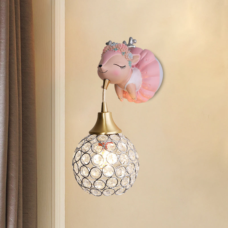 Metallic Globe/Teardrop Wall Light Fixture Cartoon 1 Bulb Pink Wall Lighting with Elephant/Deer/Rabbit Backplate Clearhalo 'Wall Lamps & Sconces' 'Wall Lights' Lighting' 1651082