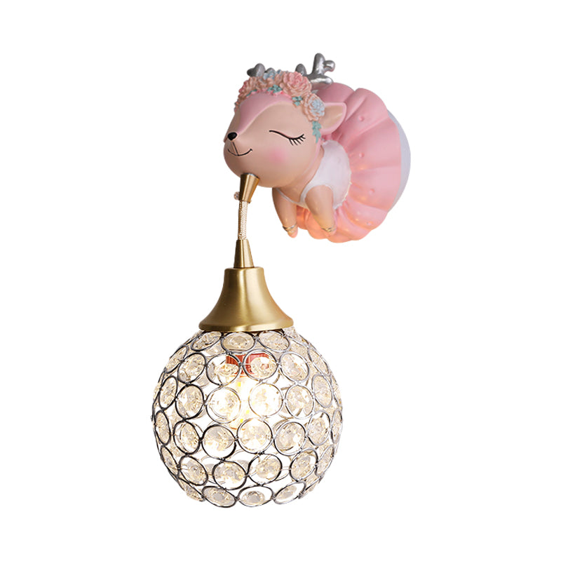 Metallic Globe/Teardrop Wall Light Fixture Cartoon 1 Bulb Pink Wall Lighting with Elephant/Deer/Rabbit Backplate Clearhalo 'Wall Lamps & Sconces' 'Wall Lights' Lighting' 1651083