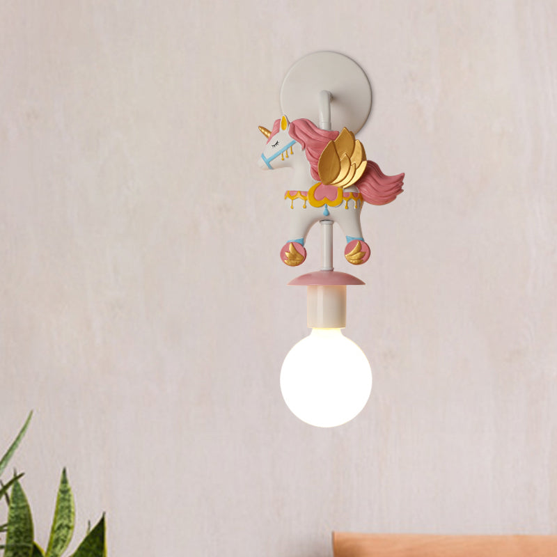 Rainbow Unicorn Wall Lighting Kids Resin 1 Bulb Pink/Blue Wall Light Fixture with Globe Glass Shade Pink Clearhalo 'Wall Lamps & Sconces' 'Wall Lights' Lighting' 1651085