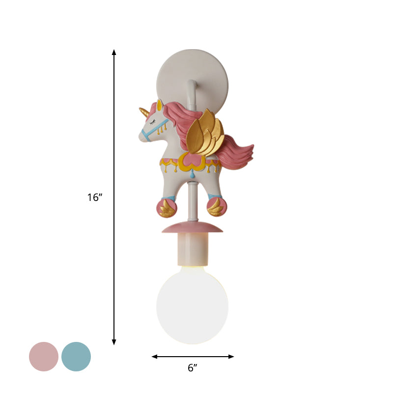 Rainbow Unicorn Wall Lighting Kids Resin 1 Bulb Pink/Blue Wall Light Fixture with Globe Glass Shade Clearhalo 'Wall Lamps & Sconces' 'Wall Lights' Lighting' 1651088