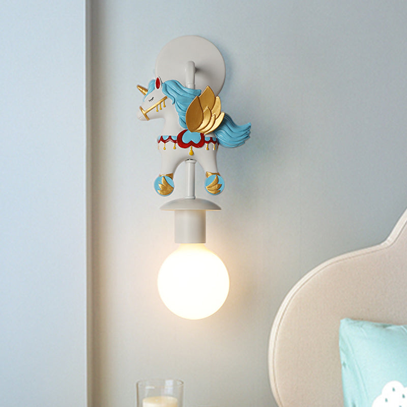 Rainbow Unicorn Wall Lighting Kids Resin 1 Bulb Pink/Blue Wall Light Fixture with Globe Glass Shade Blue Clearhalo 'Wall Lamps & Sconces' 'Wall Lights' Lighting' 1651089