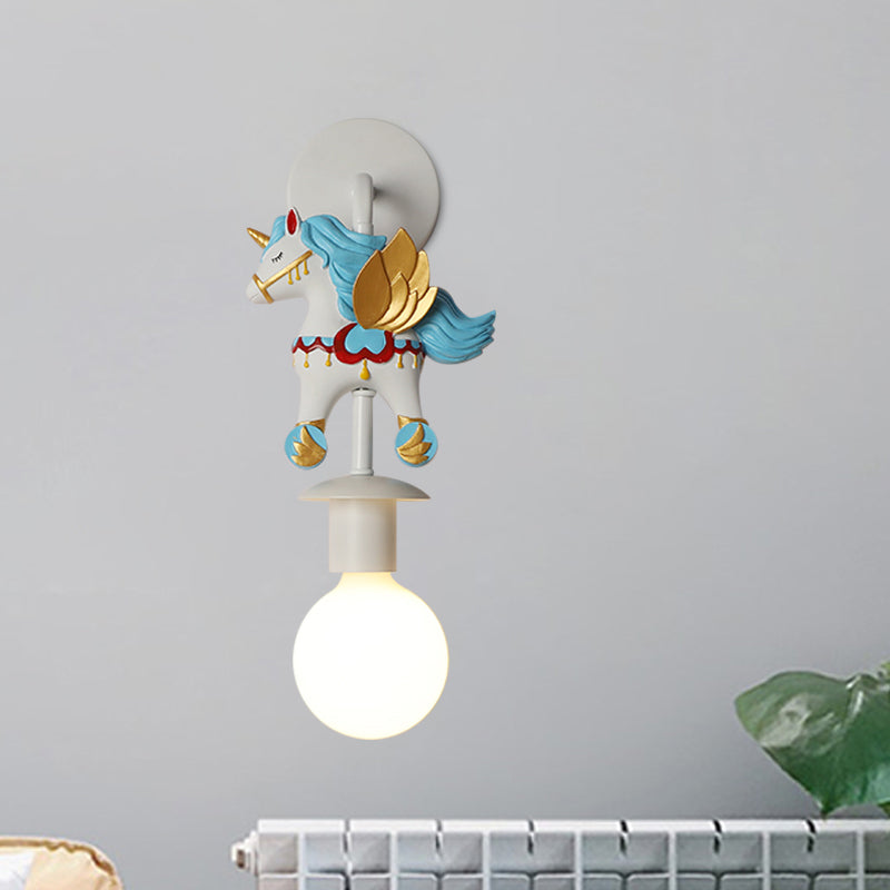 Rainbow Unicorn Wall Lighting Kids Resin 1 Bulb Pink/Blue Wall Light Fixture with Globe Glass Shade Clearhalo 'Wall Lamps & Sconces' 'Wall Lights' Lighting' 1651090