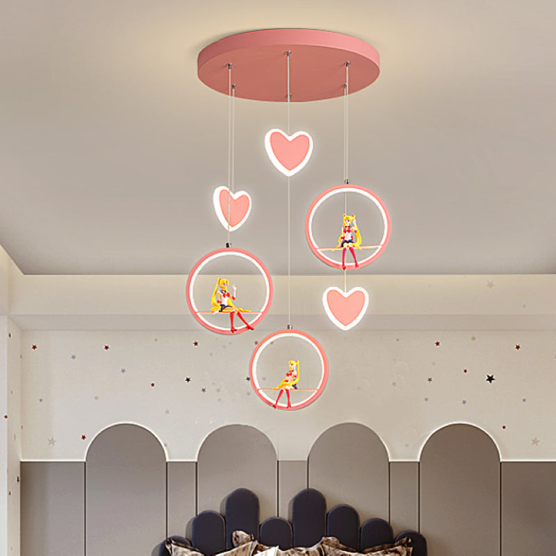 Kids 3 Lights Hanging Lamp with Acrylic Shade Pink/Blue Loving Heart and Ring Chandelier Lighting Clearhalo 'Ceiling Lights' 'Pendant Lights' 'Pendants' Lighting' 1651101
