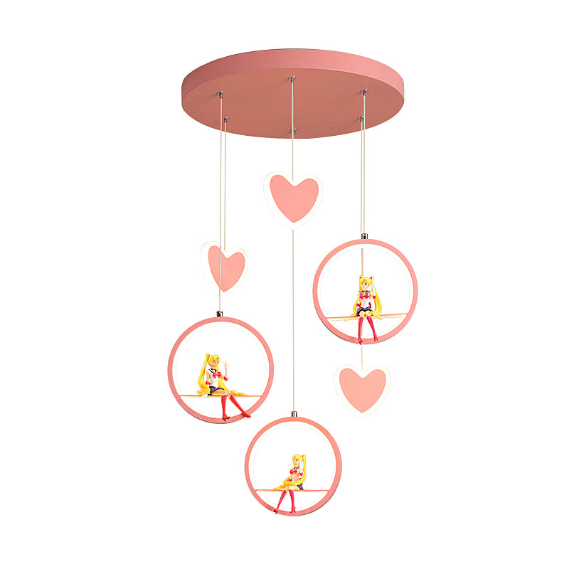 Kids 3 Lights Hanging Lamp with Acrylic Shade Pink/Blue Loving Heart and Ring Chandelier Lighting Clearhalo 'Ceiling Lights' 'Pendant Lights' 'Pendants' Lighting' 1651103