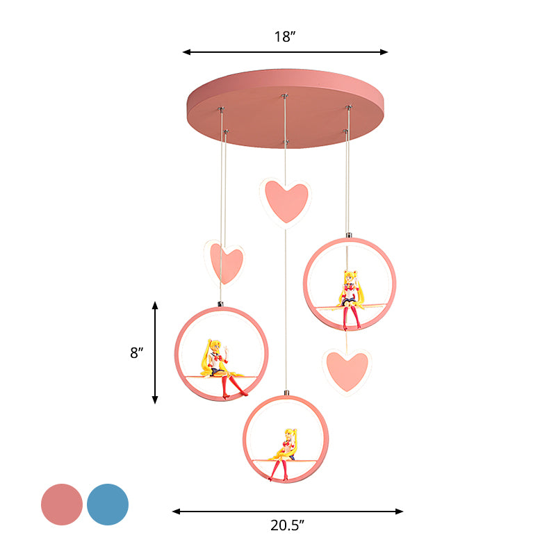 Kids 3 Lights Hanging Lamp with Acrylic Shade Pink/Blue Loving Heart and Ring Chandelier Lighting Clearhalo 'Ceiling Lights' 'Pendant Lights' 'Pendants' Lighting' 1651104