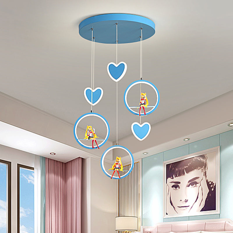 Kids 3 Lights Hanging Lamp with Acrylic Shade Pink/Blue Loving Heart and Ring Chandelier Lighting Blue Clearhalo 'Ceiling Lights' 'Pendant Lights' 'Pendants' Lighting' 1651105_c2126d92-9409-46e9-94ce-873a87b1ccec