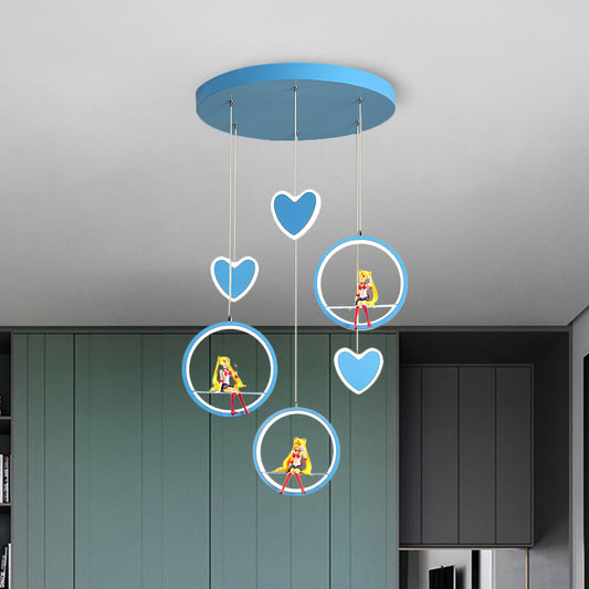 Kids 3 Lights Hanging Lamp with Acrylic Shade Pink/Blue Loving Heart and Ring Chandelier Lighting Clearhalo 'Ceiling Lights' 'Pendant Lights' 'Pendants' Lighting' 1651106