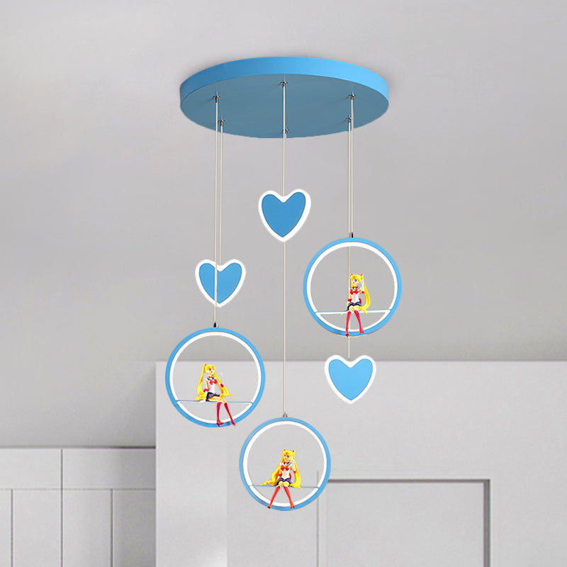 Kids 3 Lights Hanging Lamp with Acrylic Shade Pink/Blue Loving Heart and Ring Chandelier Lighting Clearhalo 'Ceiling Lights' 'Pendant Lights' 'Pendants' Lighting' 1651107