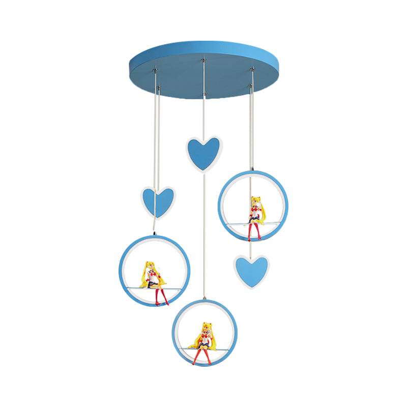 Kids 3 Lights Hanging Lamp with Acrylic Shade Pink/Blue Loving Heart and Ring Chandelier Lighting Clearhalo 'Ceiling Lights' 'Pendant Lights' 'Pendants' Lighting' 1651108