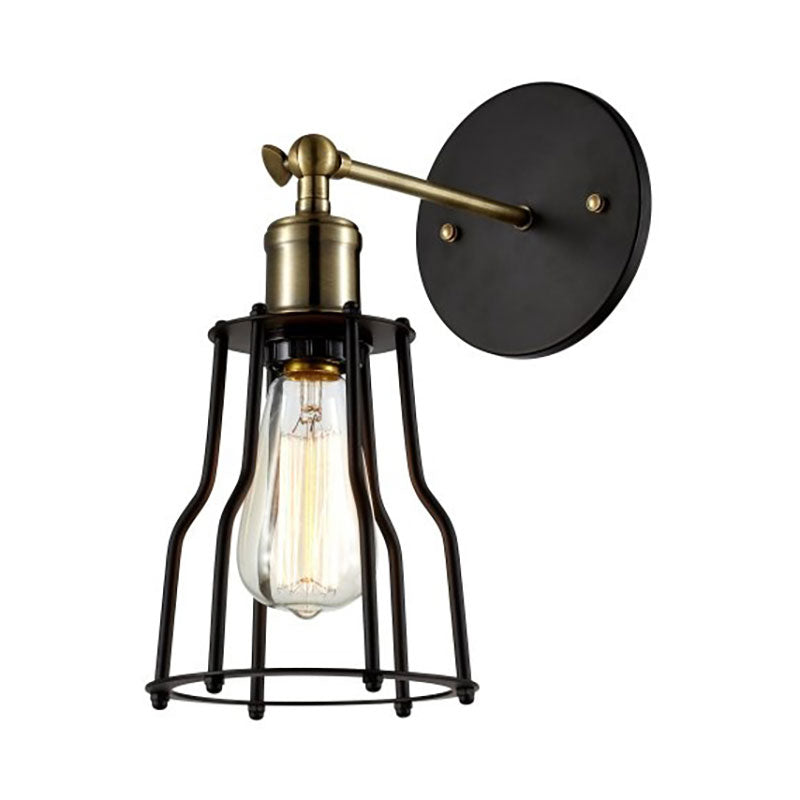 1 Bulb Iron Wall Sconce Lighting Farmhouse Brass/Aged Brass Cage Shade Dining Room Adjustable Wall Lighting Clearhalo 'Art deco wall lights' 'Cast Iron' 'Glass' 'Industrial wall lights' 'Industrial' 'Middle century wall lights' 'Modern' 'Rustic wall lights' 'Tiffany' 'Traditional wall lights' 'Wall Lamps & Sconces' 'Wall Lights' Lighting' 165111