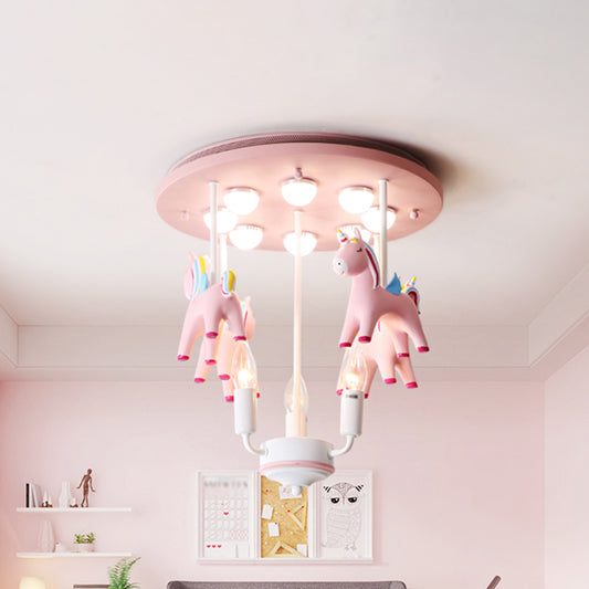 Rainbow Unicorn Resin Semi Flush Kids 3 Bulbs Pink Flush Ceiling Light with Candle Design Pink Clearhalo 'Ceiling Lights' 'Close To Ceiling Lights' 'Close to ceiling' 'Semi-flushmount' Lighting' 1651258