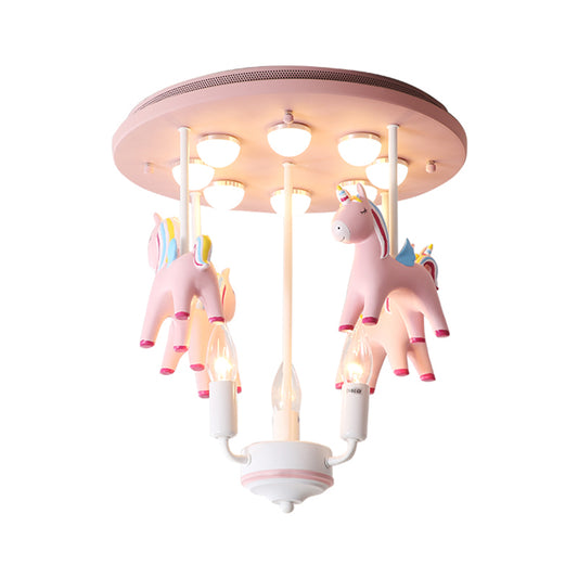 Rainbow Unicorn Resin Semi Flush Kids 3 Bulbs Pink Flush Ceiling Light with Candle Design Clearhalo 'Ceiling Lights' 'Close To Ceiling Lights' 'Close to ceiling' 'Semi-flushmount' Lighting' 1651260
