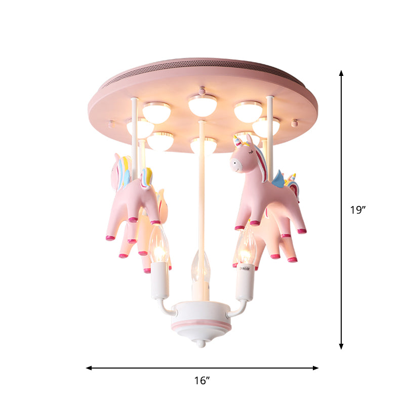 Rainbow Unicorn Resin Semi Flush Kids 3 Bulbs Pink Flush Ceiling Light with Candle Design Clearhalo 'Ceiling Lights' 'Close To Ceiling Lights' 'Close to ceiling' 'Semi-flushmount' Lighting' 1651261