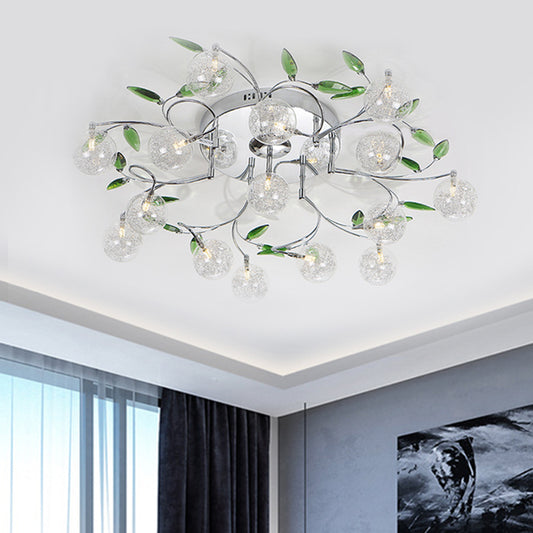 Leave Drawing Room Semi Mount Lighting Green Crystal 15 Lights Modern Ceiling Flush with Clear Glass Shade in Chrome Chrome Clearhalo 'Ceiling Lights' 'Close To Ceiling Lights' 'Close to ceiling' 'Semi-flushmount' Lighting' 1651278