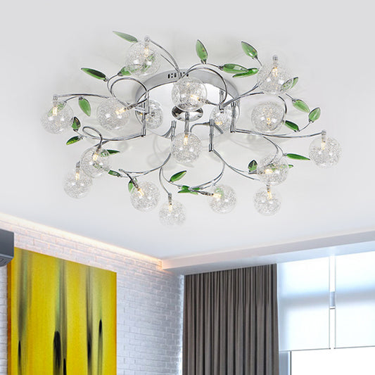 Leave Drawing Room Semi Mount Lighting Green Crystal 15 Lights Modern Ceiling Flush with Clear Glass Shade in Chrome Clearhalo 'Ceiling Lights' 'Close To Ceiling Lights' 'Close to ceiling' 'Semi-flushmount' Lighting' 1651279